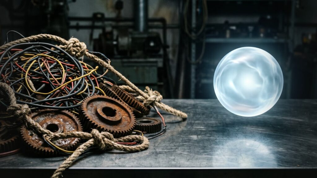 Emaranhado caótico de fios e engrenagens contrastando com uma esfera de energia limpa, mostrando a diferença entre a complicação dos cursos e a simplicidade da máquina.
