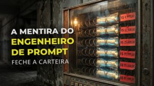 Máquina de vendas automática antiga vendendo pergaminhos brilhantes no escuro, simbolizando a mercantilização ilusória de quem se diz engenheiro de prompt.