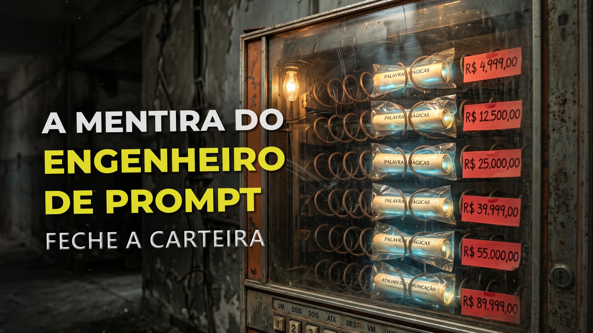Máquina de vendas automática antiga vendendo pergaminhos brilhantes no escuro, simbolizando a mercantilização ilusória de quem se diz engenheiro de prompt.