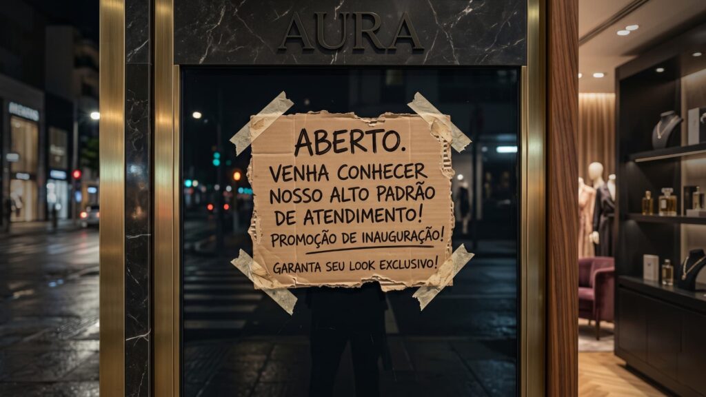 Vitrine de luxo impecável, mas com um letreiro de papelão mal escrito colado na porta de vidro, ilustrando a incompatibilidade de usar um logo de IA amador em serviços sérios.