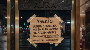Vitrine de luxo impecável, mas com um letreiro de papelão mal escrito colado na porta de vidro, ilustrando a incompatibilidade de usar um logo de IA amador em serviços sérios.