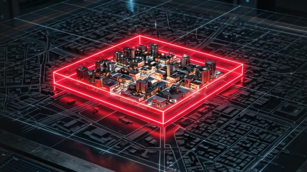 Mapa noturno visto de cima com um anel de neon vermelho bloqueando e iluminando apenas um pequeno grupo de bairros ao redor de um restaurante, simbolizando a blindagem territorial perfeita.