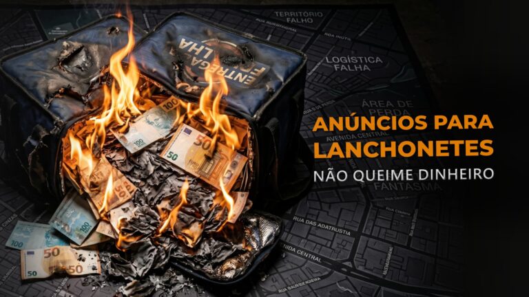 Mochila de entrega de aplicativo aberta sobre um mapa urbano, mas em vez de lanches, ela está transbordando notas de dinheiro pegando fogo, ilustrando o desperdício em anúncios para lanchonetes.
