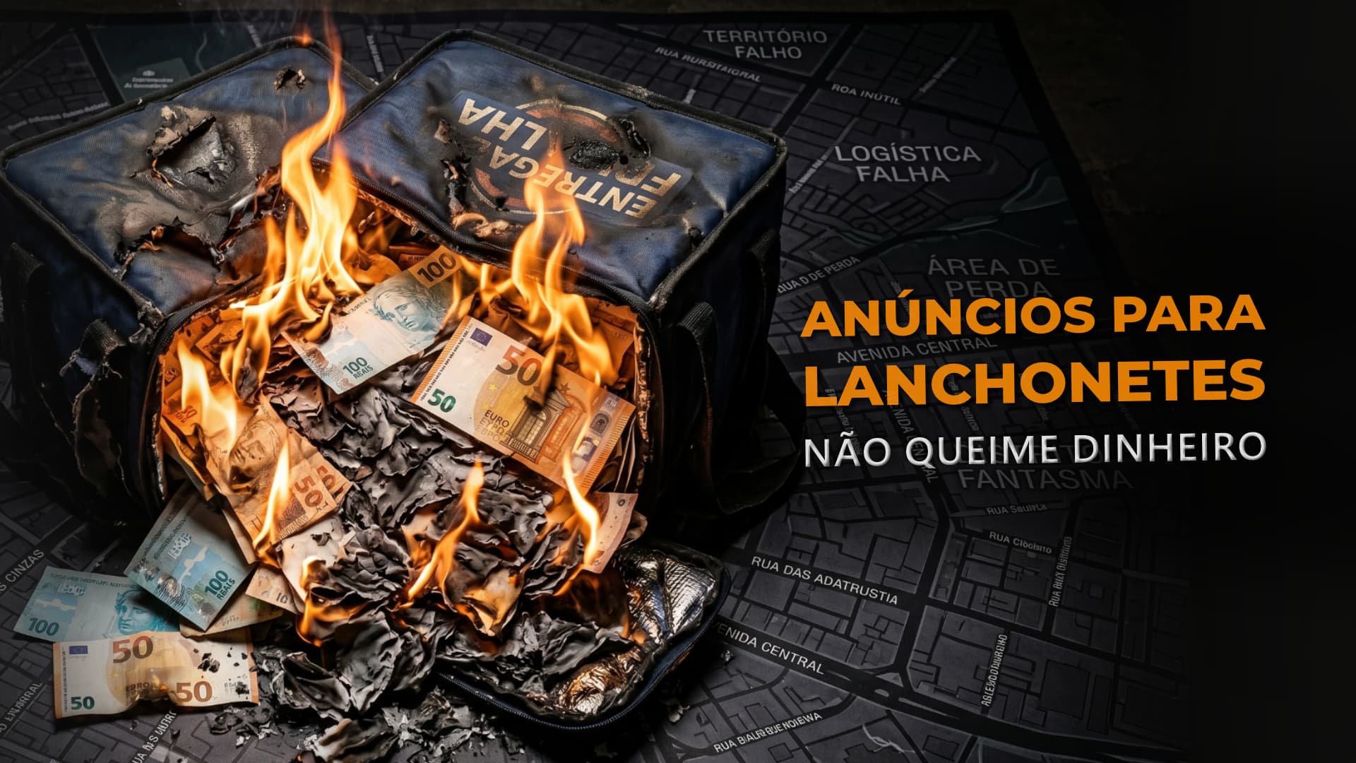 Mochila de entrega de aplicativo aberta sobre um mapa urbano, mas em vez de lanches, ela está transbordando notas de dinheiro pegando fogo, ilustrando o desperdício em anúncios para lanchonetes.
