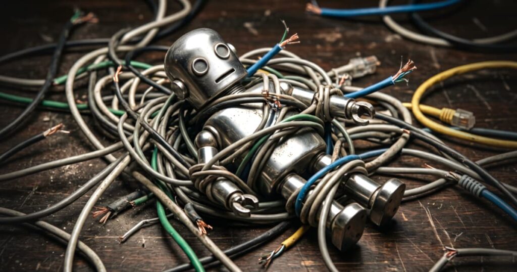 Robô de metal travado e completamente enrolado em velhos fios de telefone cortados, ilustrando a ineficiência e o desastre da promessa da IA faz-tudo no atendimento ao cliente.