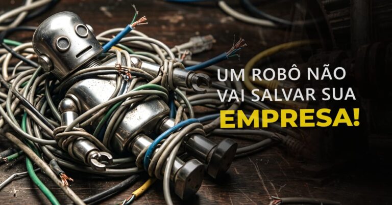 Robô de metal travado e completamente enrolado em velhos fios de telefone cortados, ilustrando a ineficiência e o desastre da promessa da IA faz-tudo no atendimento ao cliente.