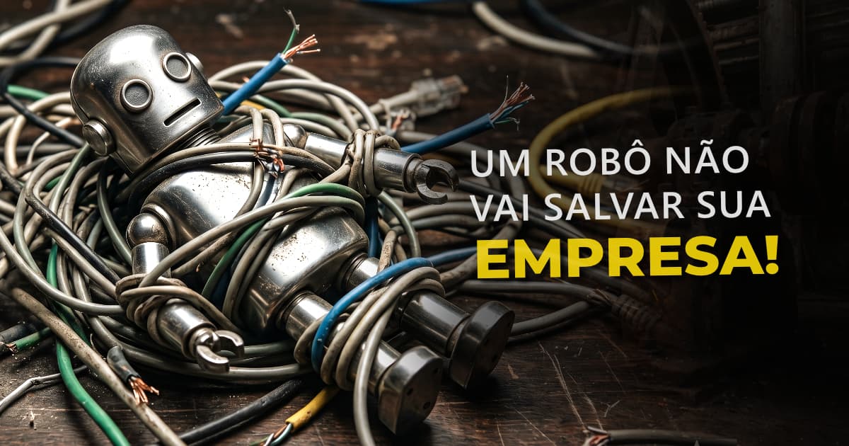 Robô de metal travado e completamente enrolado em velhos fios de telefone cortados, ilustrando a ineficiência e o desastre da promessa da IA faz-tudo no atendimento ao cliente.
