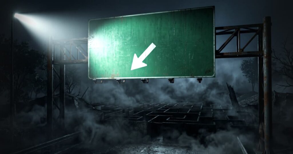 Placa de rodovia iluminada apontando para um labirinto escuro e sem saída, ilustrando a confusão mental de um site poluído e focado no ego da empresa.