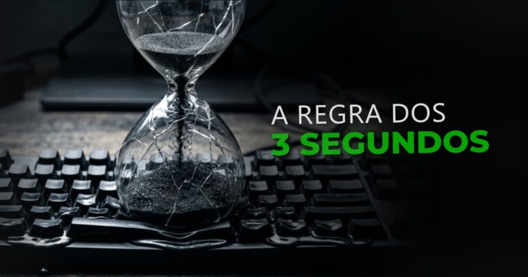 Ampulheta de vidro trincada e vazando areia preta rapidamente em cima de um teclado de computador derretido, simbolizando a perda implacável de tempo e vendas pela regra de 3 segundos.