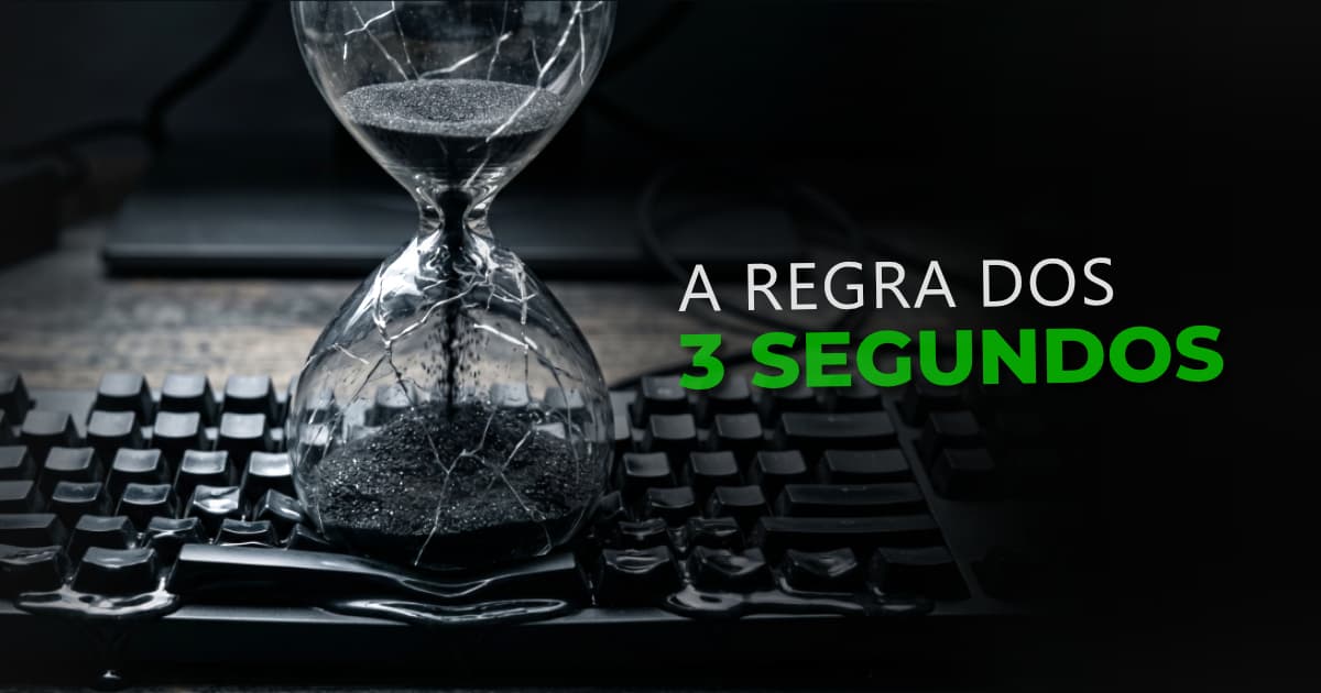 Ampulheta de vidro trincada e vazando areia preta rapidamente em cima de um teclado de computador derretido, simbolizando a perda implacável de tempo e vendas pela regra de 3 segundos.