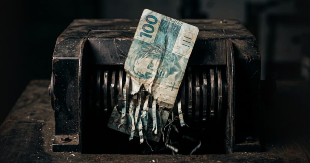 Única nota de dinheiro amassada sendo puxada violentamente por um triturador de papel de metal escuro, simbolizando a destruição financeira ao anunciar sem caixa.