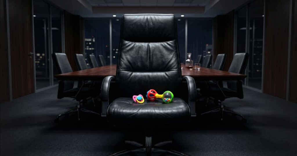 Chupeta colorida de bebê e um chocalho de plástico infantil abandonados em cima de uma luxuosa cadeira executiva de couro preto, ilustrando a imaturidade de herdeiros no poder.
