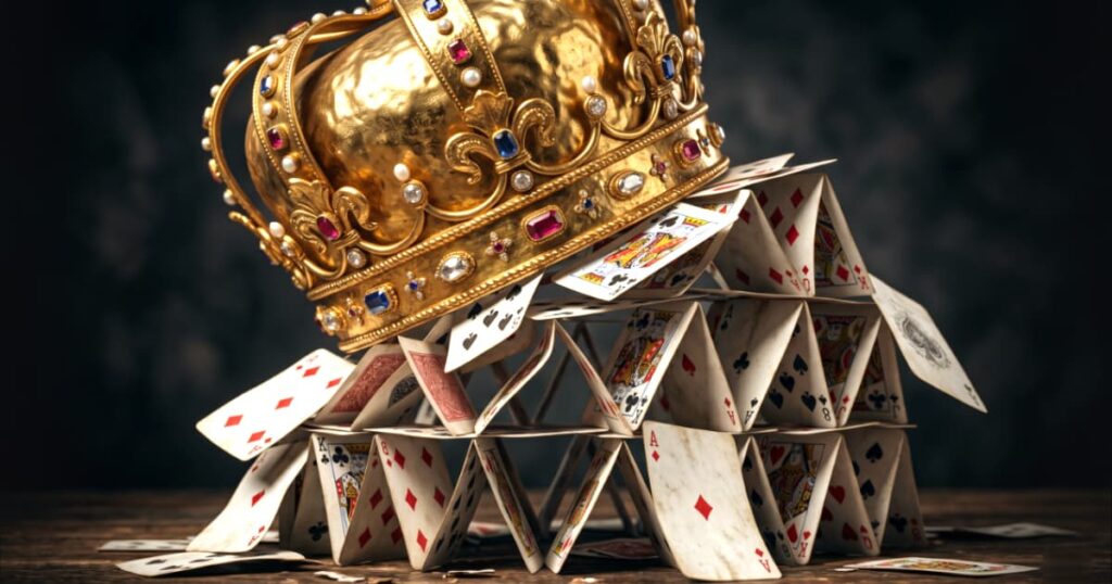 Coroa de ouro pesada e brilhante colocada de forma desajeitada em cima de um frágil castelo de cartas, simbolizando a instabilidade estrutural de colocar um parente na gerência.