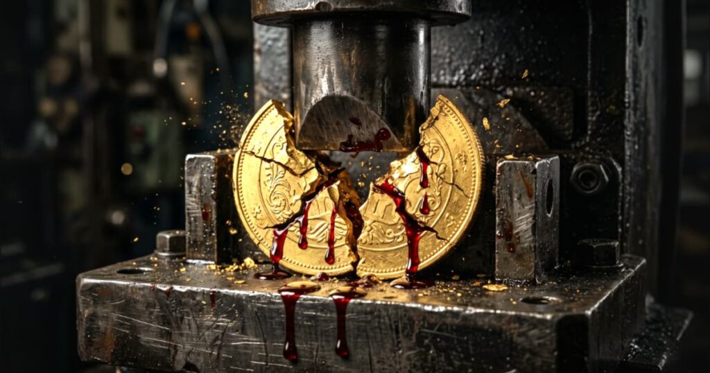 Moeda de ouro maciço sendo esmagada e partida ao meio por uma prensa industrial de metal, simbolizando o prejuízo violento e o sangramento financeiro de quem abaixa o preço.