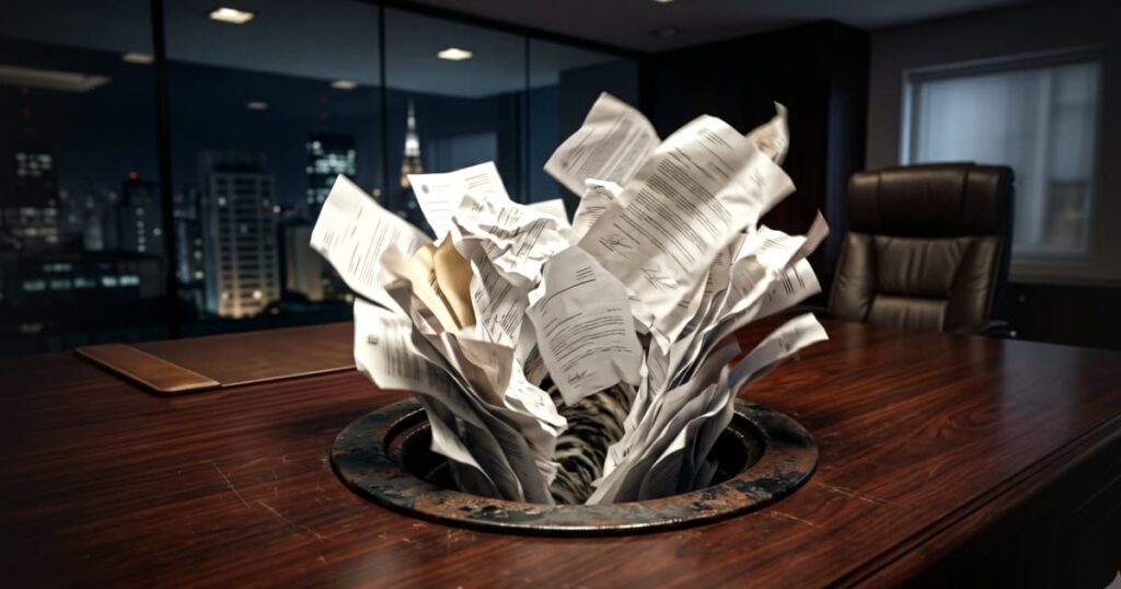 Centenas de contratos de papel sendo violentamente sugados por um ralo de metal no centro de uma mesa de escritório, representando o desperdício de energia e o prejuízo causado por clientes sugadores.