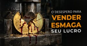 Moeda de ouro maciço sendo esmagada e partida ao meio por uma prensa industrial de metal, simbolizando o prejuízo violento e o sangramento financeiro de quem abaixa o preço.