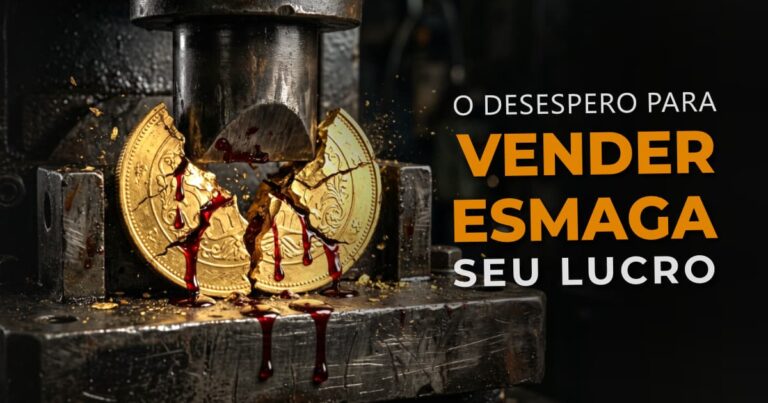Moeda de ouro maciço sendo esmagada e partida ao meio por uma prensa industrial de metal, simbolizando o prejuízo violento e o sangramento financeiro de quem abaixa o preço.