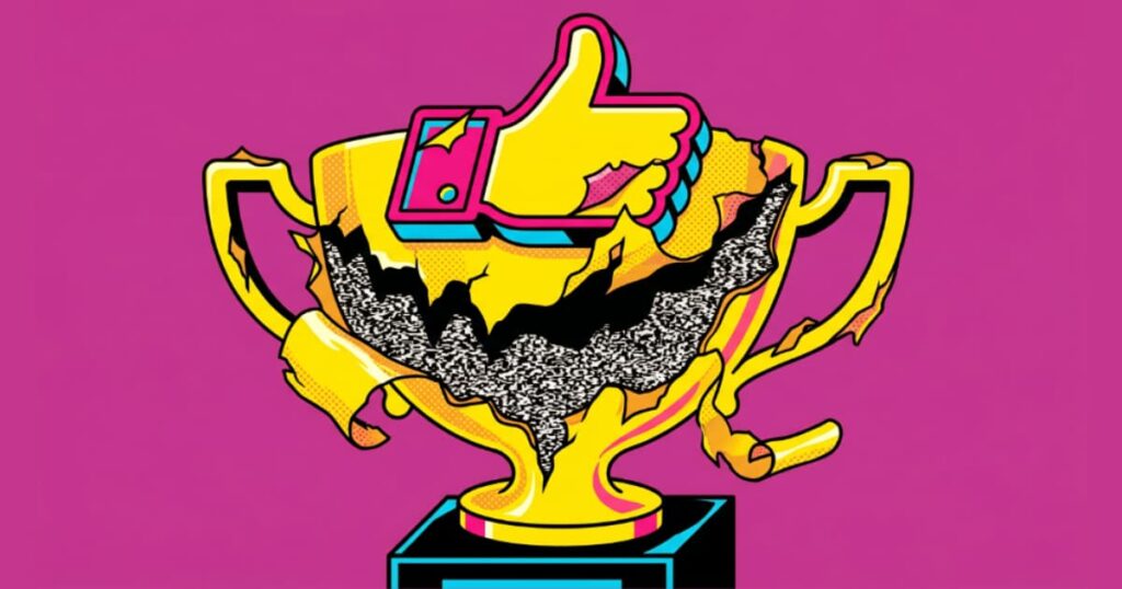 Ilustração vetorial em estilo Pop Art vibrante de um troféu dourado gigante em forma de "curtida" que está descascando como papel laminado barato, revelando apenas estática preta e vazio por dentro, simbolizando a farsa do número de seguidores.