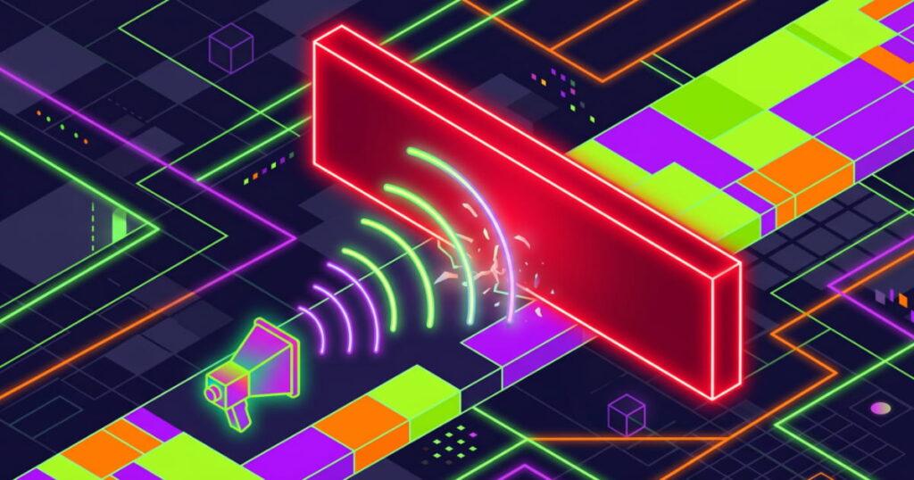 Design plano isométrico minimalista em cores neon brilhantes mostrando uma barreira vermelha gigante e brilhante bloqueando o caminho de um ícone de megafone colorido, simbolizando o bloqueio de alcance do algoritmo causado por seguidores falsos.