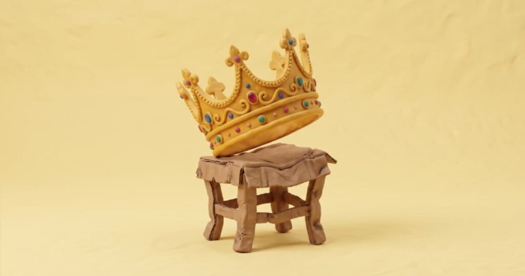 Ilustração digital em estilo 3D Clay (massinha de modelar) mostrando uma coroa de rei dourada e pesada equilibrada de forma precária em cima de um banquinho de papelão amassado, simbolizando a fragilidade do poder baseado apenas na hierarquia corporativa.