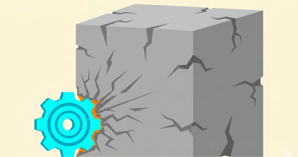 Arte em estilo Flat Design geométrico e vibrante apresentando uma única engrenagem pequena e azul tentando empurrar um cubo de concreto cinza gigante e rachado, representando o esforço inútil de uma equipe travada por uma gestão ineficiente.