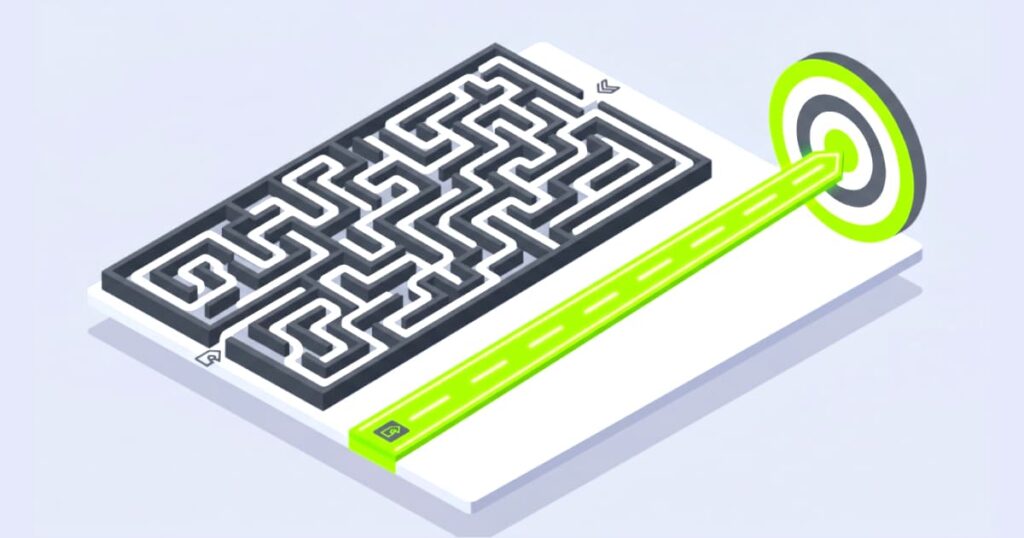 Ilustração digital em estilo Flat Design isométrico mostrando dois caminhos: de um lado, um labirinto cinza extremamente complexo e confuso; do outro, uma pista reta verde brilhante apontando direto para um alvo, simbolizando a diferença de conversão.