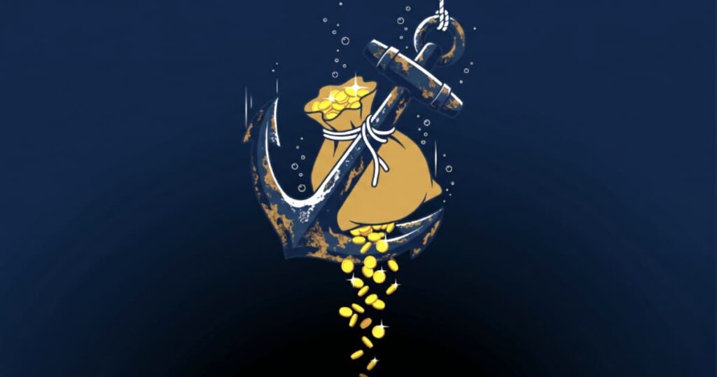 Arte minimalista em vetor exibindo uma âncora pesada e enferrujada puxando um saco de moedas para o fundo de um oceano escuro, representando o desperdício de dinheiro ao enviar tráfego para a estrutura errada.