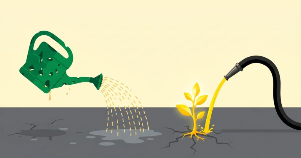 Ilustração vetorial em estilo Flat Design mostrando um regador de plástico verde esburacado desperdiçando água no chão de cimento, enquanto uma única mangueira preta direciona um fluxo preciso de água para uma pequena planta dourada, simbolizando o foco do orçamento de anúncios.