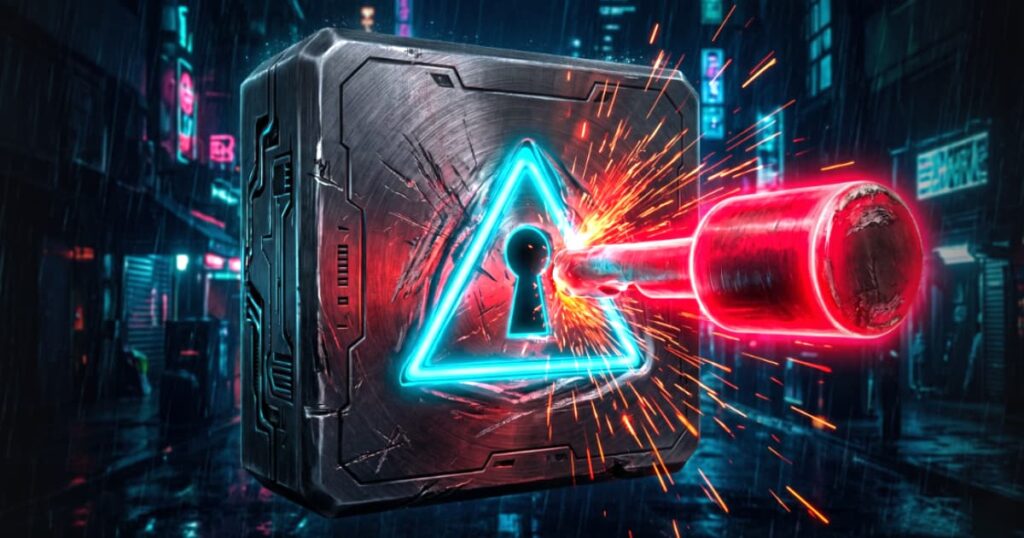Arte digital em estilo Neon Cyberpunk exibindo uma fechadura triangular brilhante flutuando no espaço, sendo forçada por uma chave redonda e incompatível que solta faíscas vermelhas, representando a escolha do canal errado para o formato do negócio.