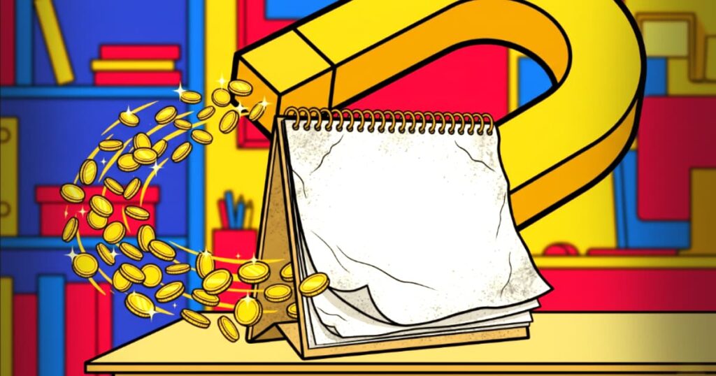 Ilustração vetorial em estilo Pop Art de um calendário de papel totalmente em branco e empoeirado, sendo ignorado por um imã dourado gigante que atrai moedas brilhantes para fora do quadro, simbolizando a falta de atração de clientes.