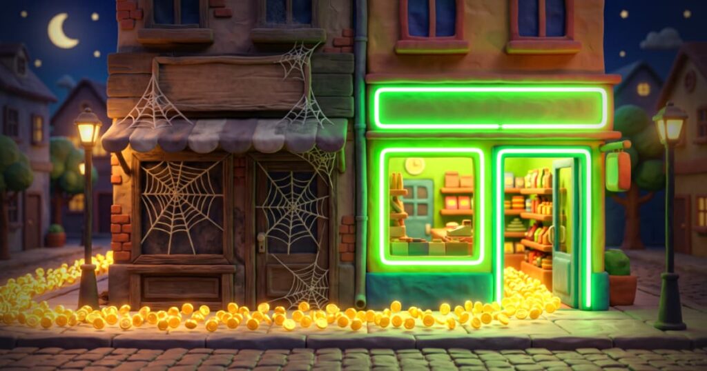 Arte em estilo 3D Clay mostrando uma loja com as portas fechadas por teias de aranha, enquanto uma placa luminosa de neon verde na loja vizinha atrai um fluxo constante de esferas brilhantes, representando a concorrência ativa roubando a demanda.