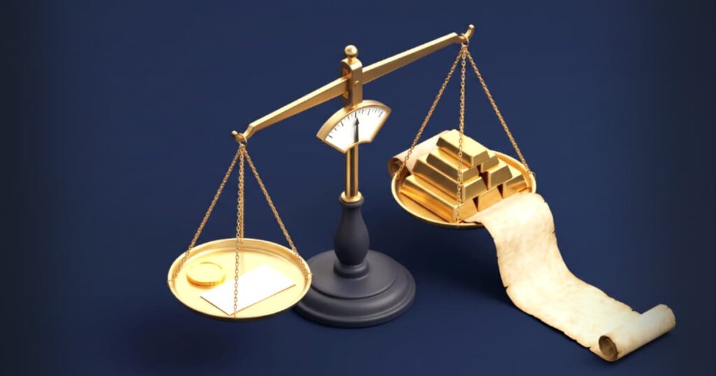Ilustração em 3D isométrico exibindo uma balança de precisão dourada. De um lado, uma única moeda ao lado de um papel curto. Do outro lado, uma pilha pesada de barras de ouro equilibrada perfeitamente com um pergaminho longo e robusto, representando a proporção do texto em relação ao preço.