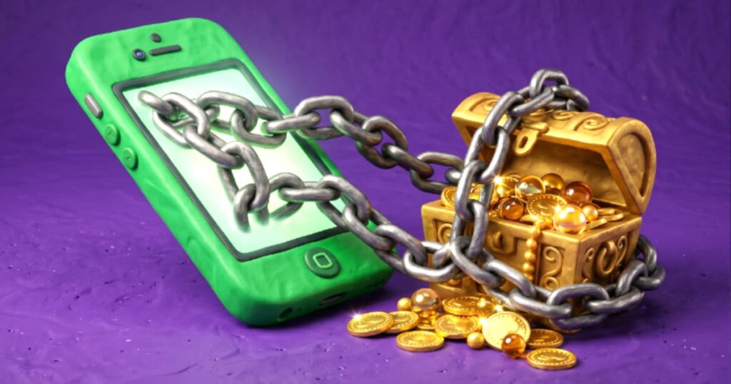 Ilustração em massinha de modelar de um smartphone verde segurando firmemente um baú de tesouro aberto, representando o controle absoluto da negociação pelo WhatsApp e a captura do dinheiro da venda.