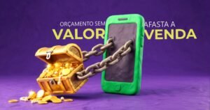 Ilustração em massinha de modelar de um smartphone verde segurando firmemente um baú de tesouro aberto, representando o controle absoluto da negociação pelo WhatsApp e a captura do dinheiro da venda.