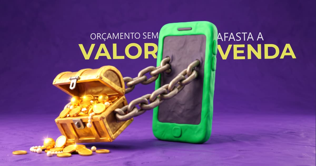 Ilustração em massinha de modelar de um smartphone verde segurando firmemente um baú de tesouro aberto, representando o controle absoluto da negociação pelo WhatsApp e a captura do dinheiro da venda.