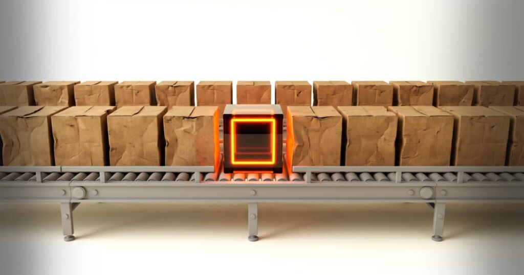Ilustração em 3D isométrico mostrando uma fileira de caixas de papelão amassadas e idênticas, sendo interrompidas por uma única caixa de vidro negro brilhante, simbolizando a ruptura visual e o destaque de uma marca forte no meio de empresas genéricas.