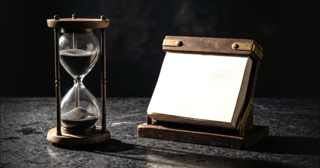Fotografia de estúdio exibindo um calendário de mesa com os dias em branco, acompanhado de uma ampulheta parada, simbolizando a falta de controle e a espera passiva por novos clientes.