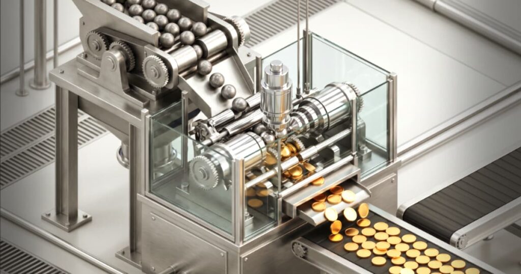 Ilustração em 3D isométrico mostrando um funil industrial de metal escovado com engrenagens precisas processando moedas de ouro, representando a previsibilidade mecânica de uma operação de aquisição ativa.