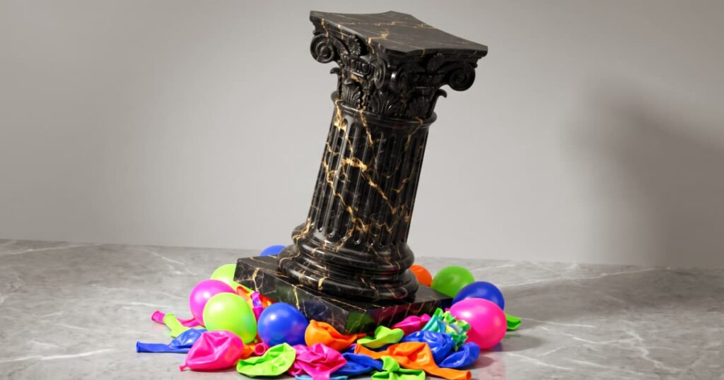 Ilustração em 3D isométrico de um pesado pódio de mármore negro esmagando balões de festa coloridos e murchos, representando a autoridade sólida destruindo a superficialidade das modas passageiras.