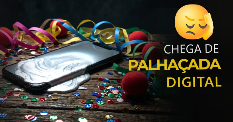 Fotografia conceitual mostrando um smartphone exibindo uma tela de erro derretendo, cercado por confetes de plástico baratos e máscaras coloridas jogadas no chão, simbolizando o desgaste e o fim do circo digital.