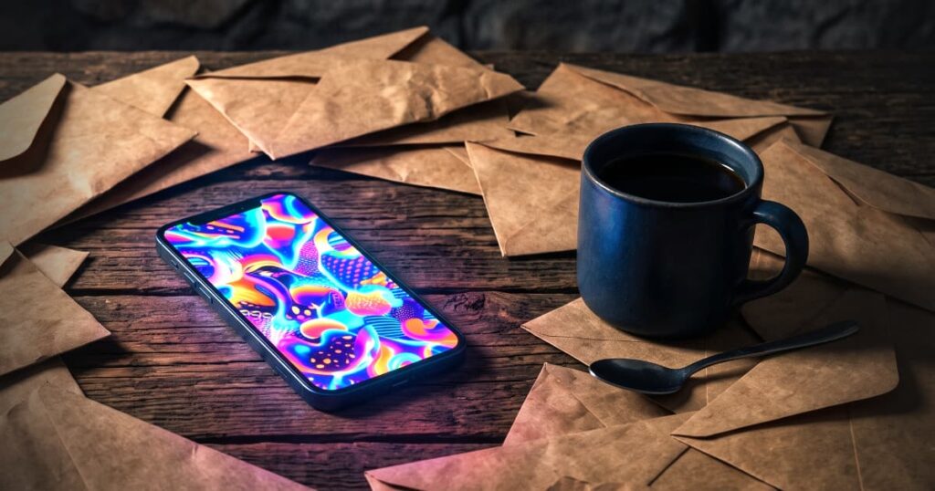 Fotografia conceitual mostrando um smartphone moderno exibindo gráficos super coloridos, deitado sobre uma mesa de escritório de madeira escura repleta de boletos vencidos e uma xícara de café frio, simbolizando o contraste entre o falso sucesso digital e a dura realidade financeira.