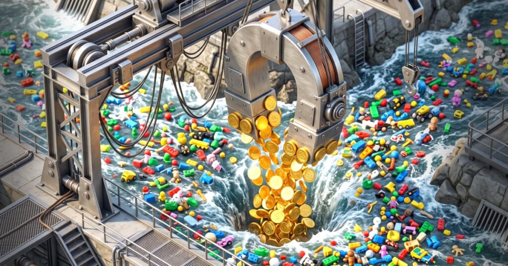 Ilustração em 3D isométrico de um grande ímã industrial em formato de ferradura puxando pesadas moedas de ouro maciço do fundo de um rio cheio de brinquedos de plástico brilhantes, representando a precisão matemática da captura de clientes qualificados no meio do ruído inútil da internet.