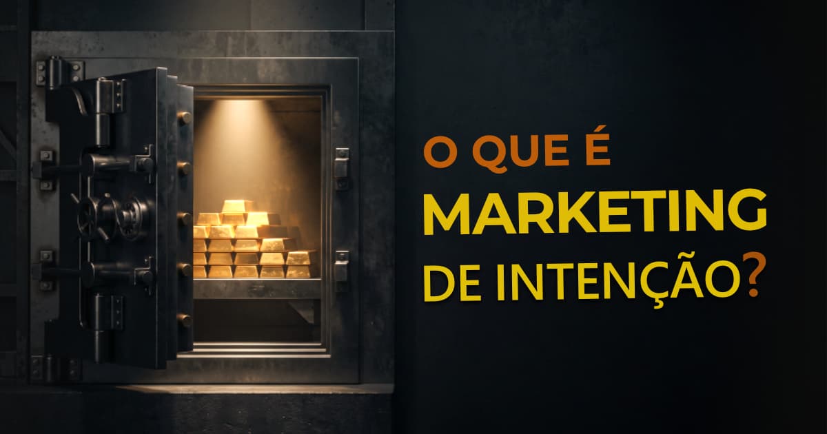 Fotografia conceitual com grande espaço escuro e vazio à esquerda para aplicação de título, e no canto direito um cofre aberto revelando barras de ouro iluminadas, simbolizando a precisão de encontrar clientes rentáveis através do marketing de intenção.